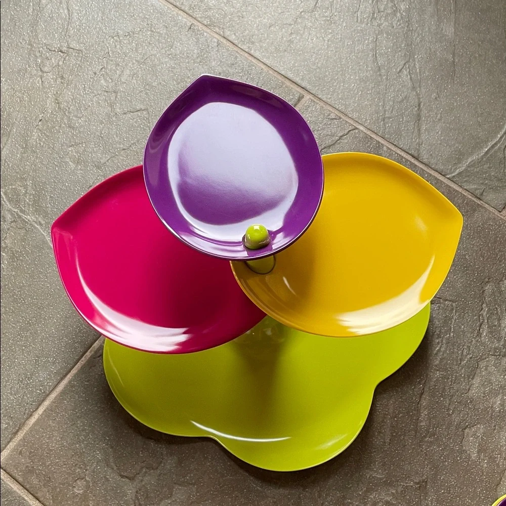 Zak! Colorful Tiered Serving Tray and matching plates.